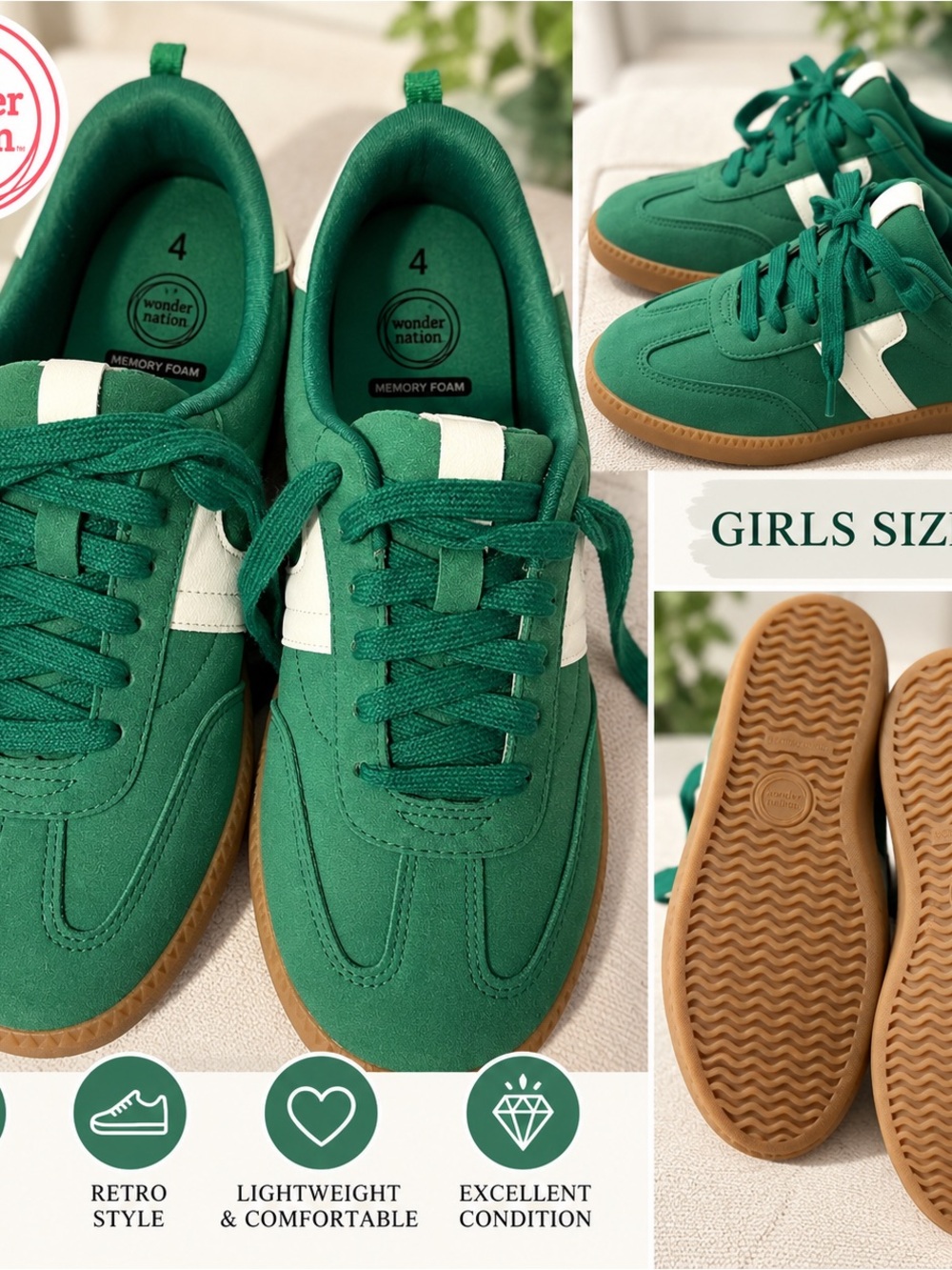 wonder nation Green Lace-Up Girls' Sneakers with White Accent